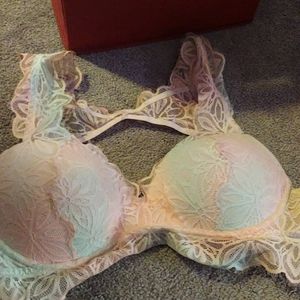 Pink and blue lace bra
